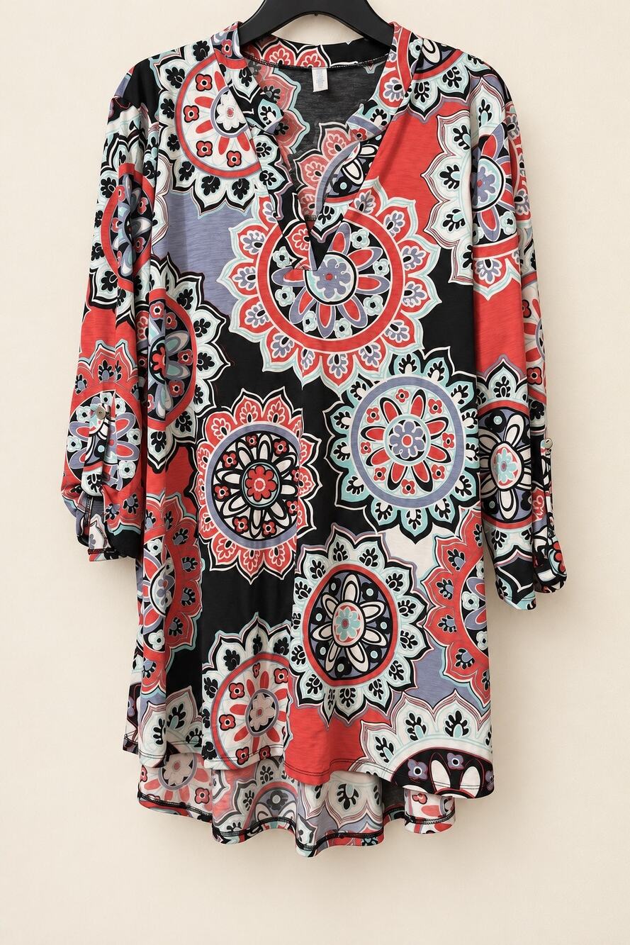 Paisley Grace Black Red Medallion Mandala Tunic Top Roll Tab Sleeve
